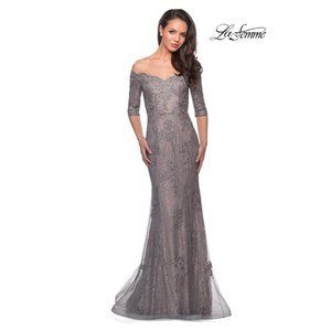 La Femme Women's Lace Embroidered Evening Gown in Silver Pink Size 10 MSRP $598